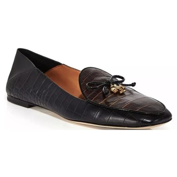 Tory Burch Charm Loafers Leather Collapsible Back Matte Croc Emboss Black 10 - Picture 1 of 8